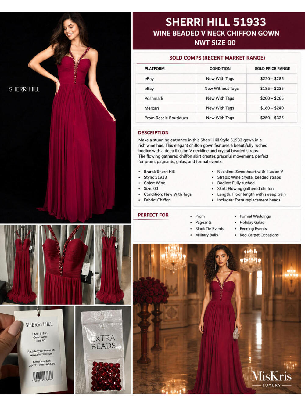 Sherri Hill 51933 Wine Beaded V Neck Chiffon Prom Gown NWT Size 00